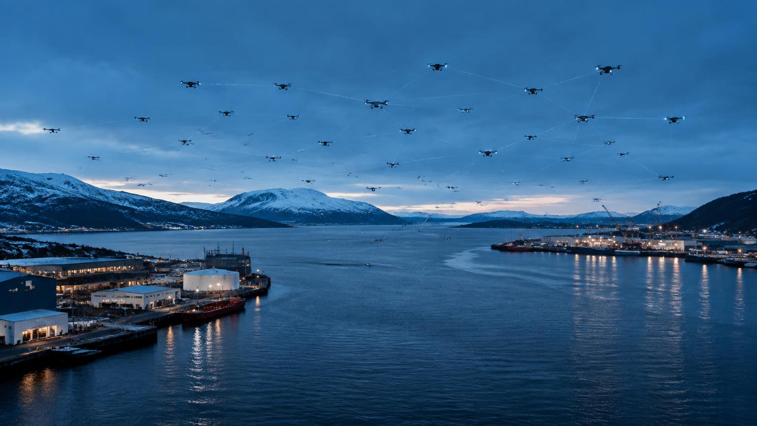 A coordinated swarm of drones flying over a Nordic harbour
