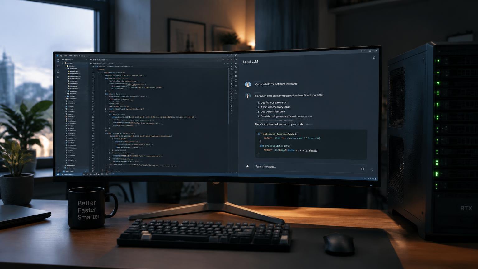 A developer workstation running a local large language model alongside code
